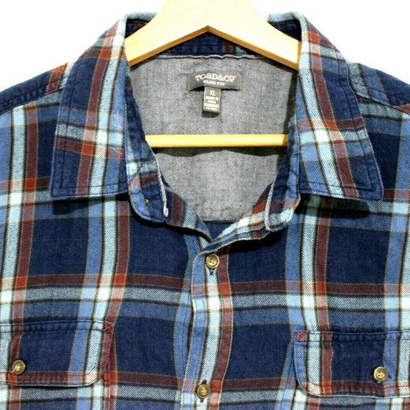 Toad & Co Mens Extra Large Slim Blue Organic Cotton Plaid Flannel Button Down - Picture 3 of 3